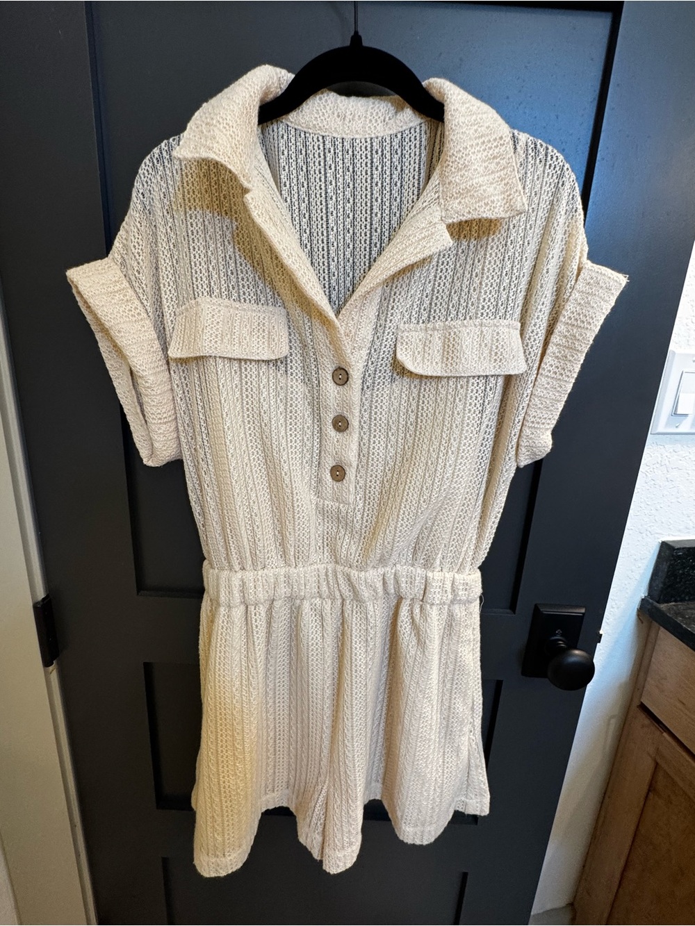 Mustard Seed.  Cream Knit Short Sleeve Romper with Button Front